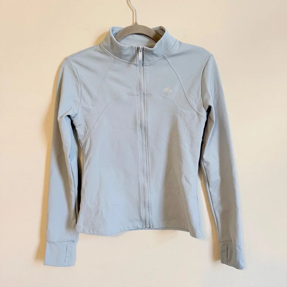 Alo Yoga Womens Full Zip Track Jacket Light Blue Thumbholes Size L
